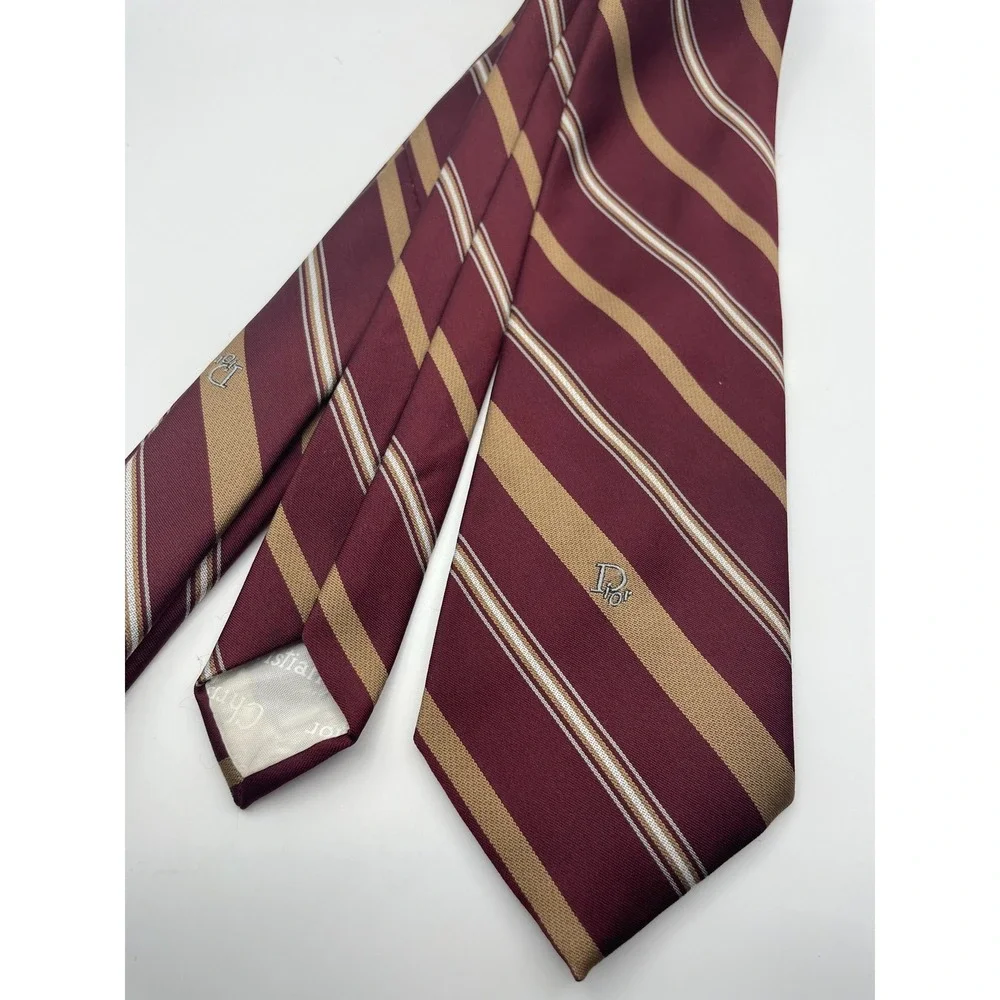 Christian Dior Mens Striped Silk Tie Burgundy Tan White Logo Necktie Designer